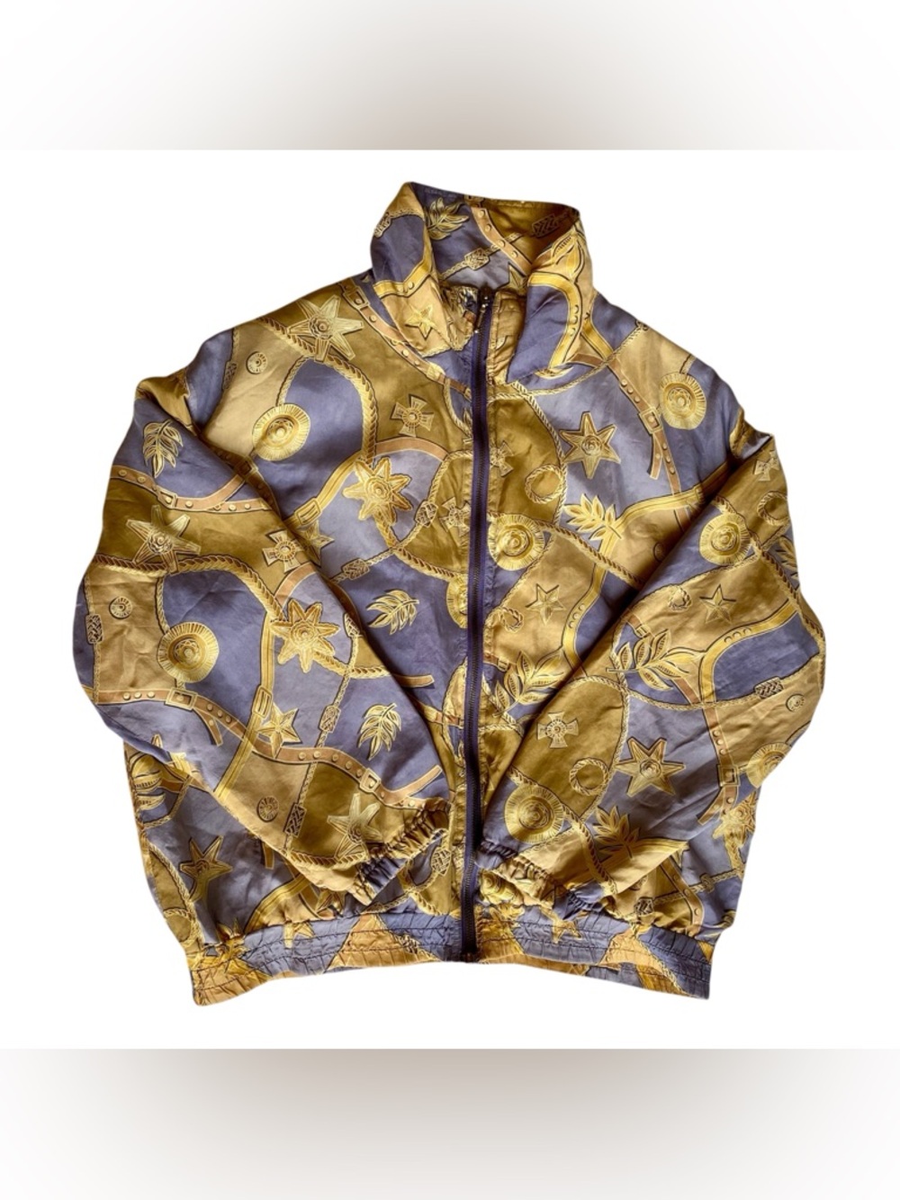 Vtg EVR Silk Bomber Jacket Windbreaker Purple Gold Size L Western 90s Streetwear